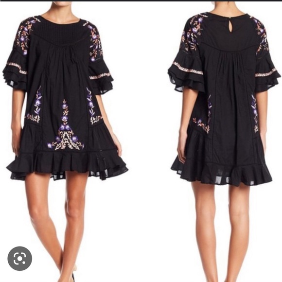 Free People | Small ruffle sleeve embroidered black dress - Picture 4 of 9